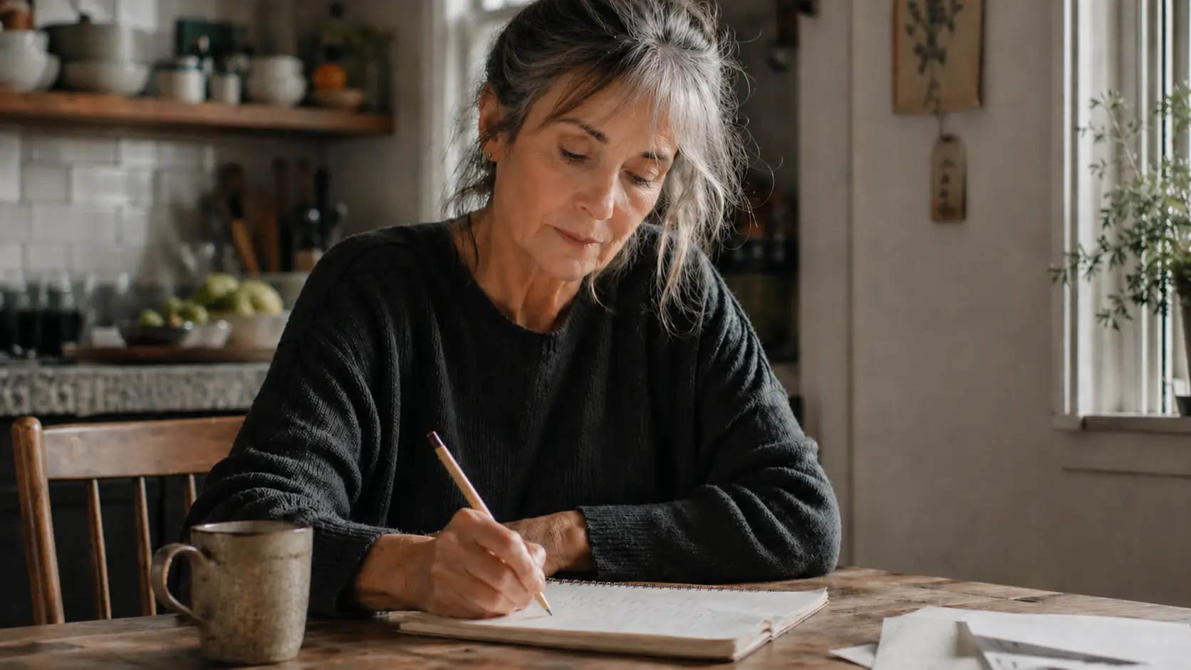 Woman writing at a kitchen table beside a mug.