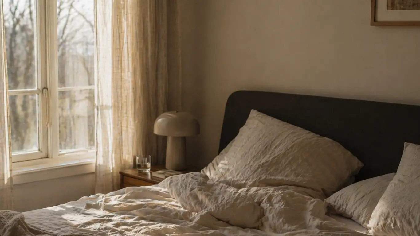 Unmade bed in a quiet bedroom lit by morning light.