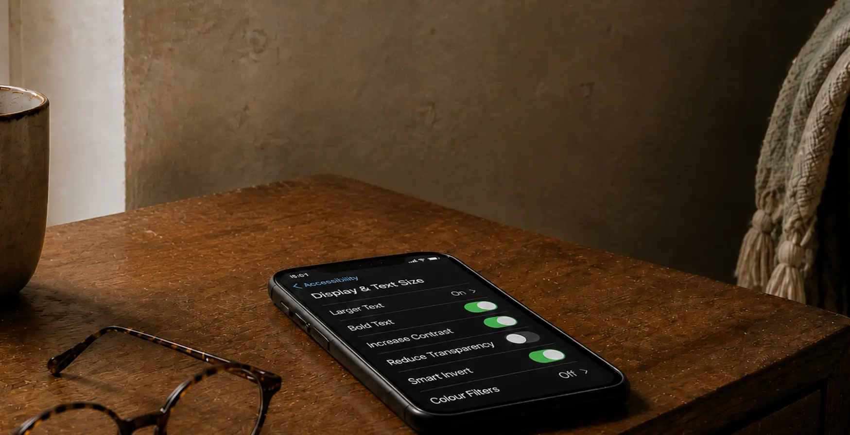 smartphone displaying accessibility settings beside reading glasses and a notebook.