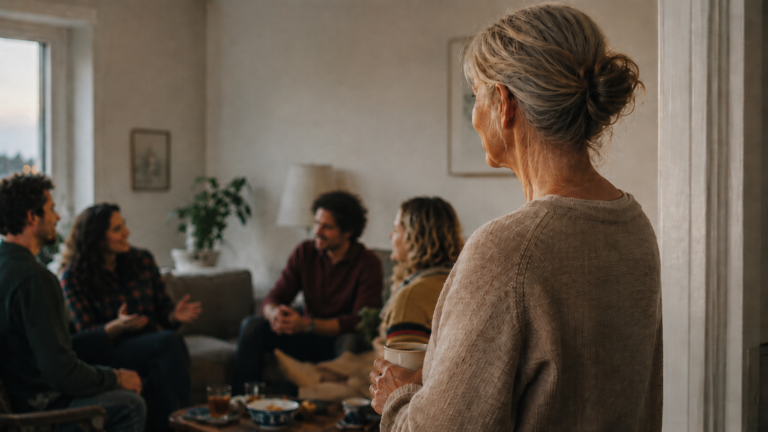 Older woman holding a mug in a doorway while younger adults talk in the living room, suggesting a parent adjusting to a changing role in family life.