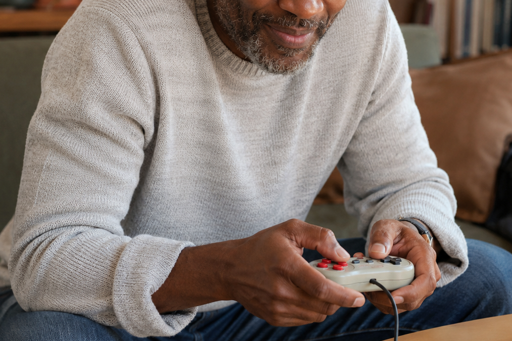 A middle-aged man playing a video game with a wired retro-style controller.
