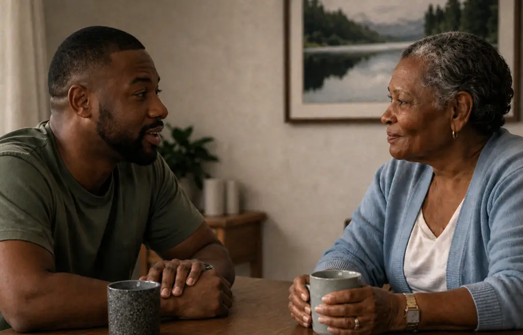 An adult son and older mother sit at a table with mugs, having a quiet conversation in a warm home setting.