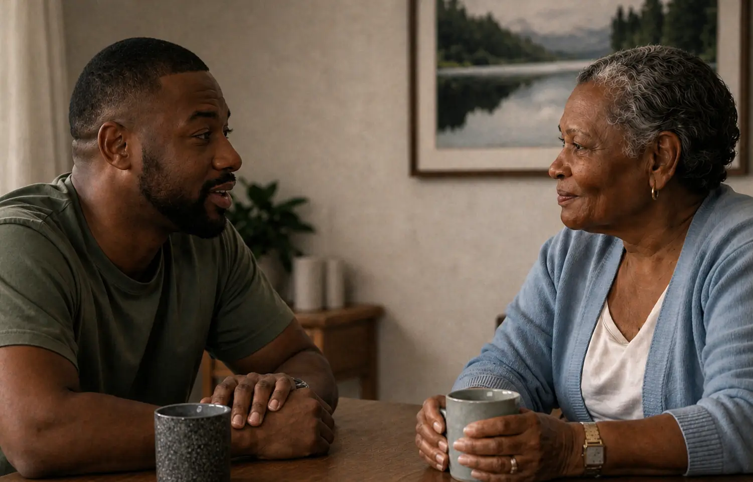 An adult son and older mother sit at a table with mugs, having a quiet conversation in a warm home setting.