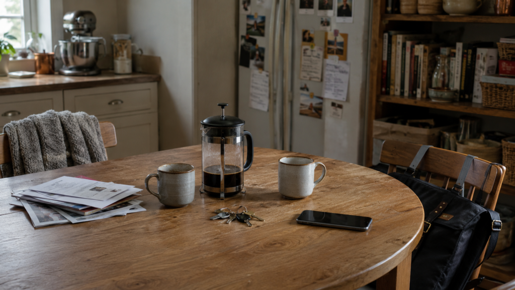 Kitchen table with two mugs, a phone household papers and a backpack.