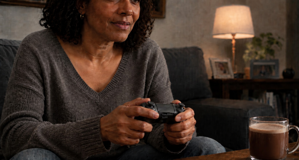 Woman playing a video game in a calm sitting room, with a mug and lamp nearby.