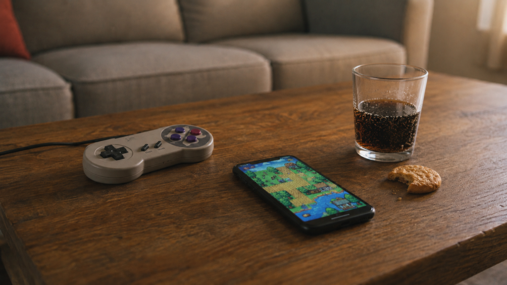 Game controller and smartphone displaying a colourful game beside a fizzy drink.
