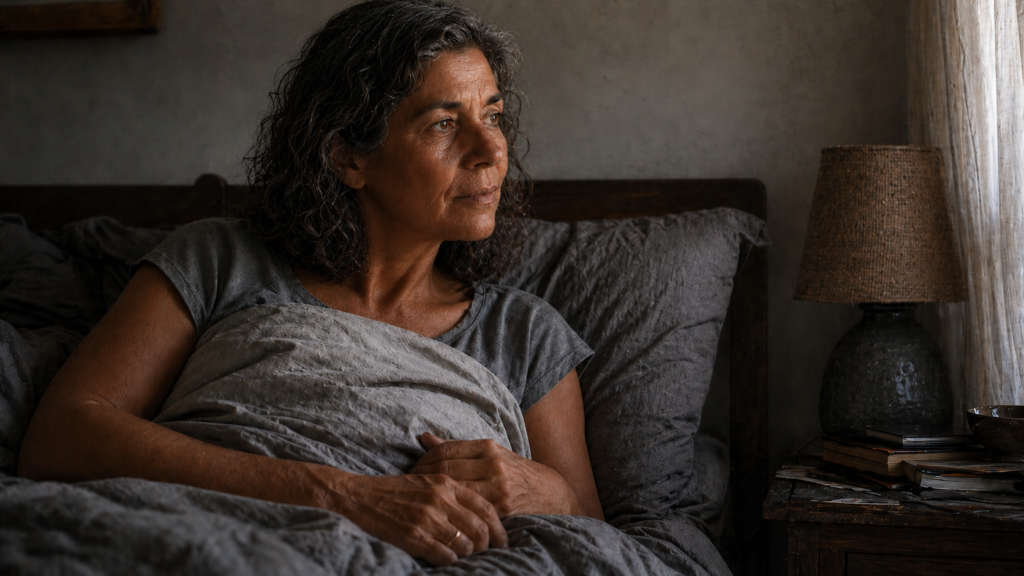 Woman lying awake in bed during the night.