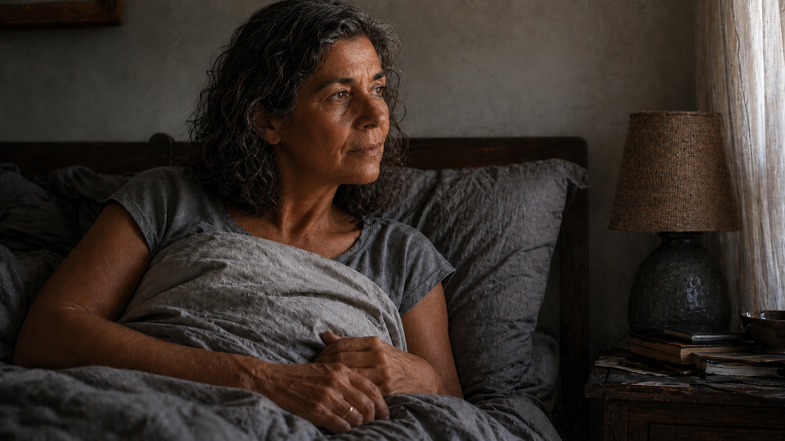 Woman lying awake in bed during the night.