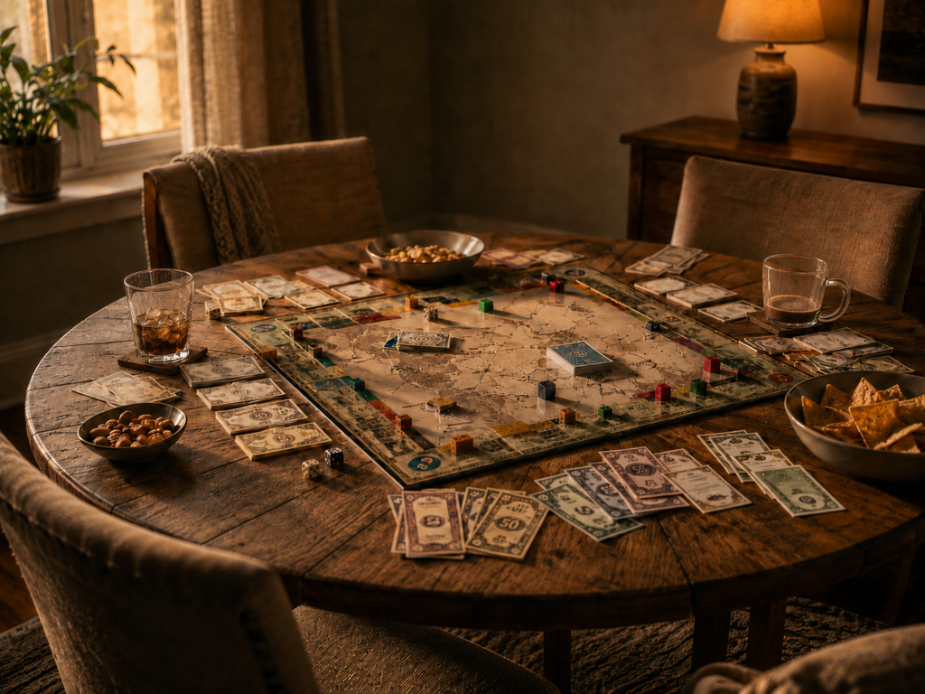 A board game left mid-play on a dining table with cards, dice, drinks and snacks.