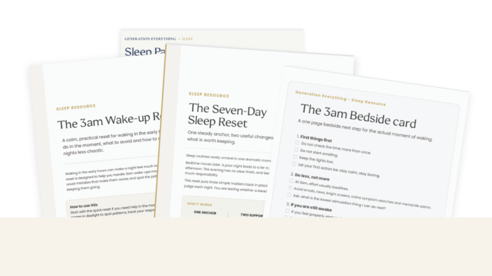 Preview of the Seven-Day Sleep Reset, Sleep Pattern Checklist and 3am Bedside Card.