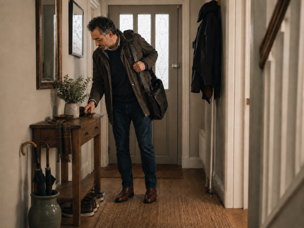 Man arriving home and putting his keys on a hallway console table