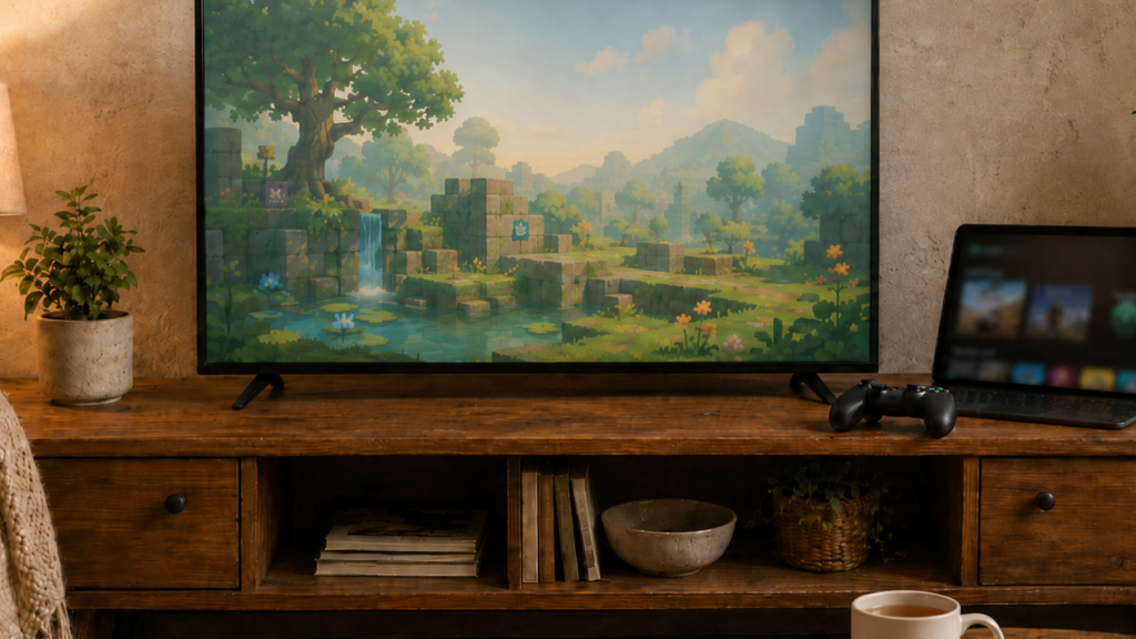 Television displaying a video game beside a controller and tablet
