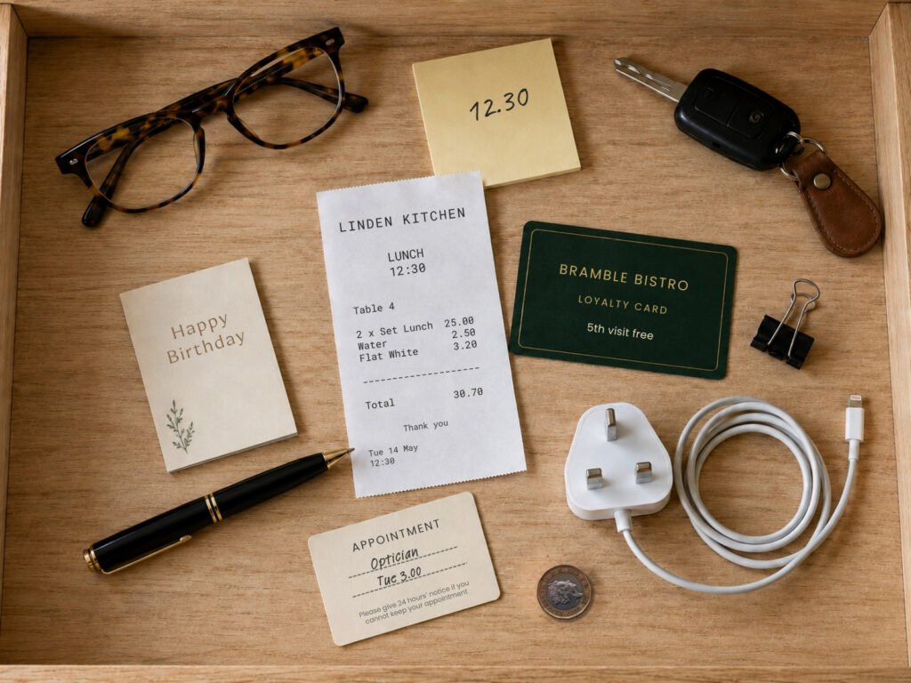 An open wooden drawer containing a Linden Kitchen lunch receipt and a Bramble Bistro loyalty card among everyday objects.