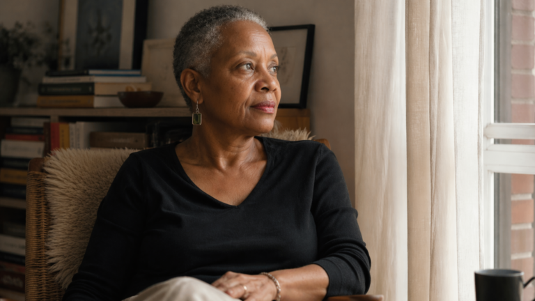 Older woman sitting quietly by a window.